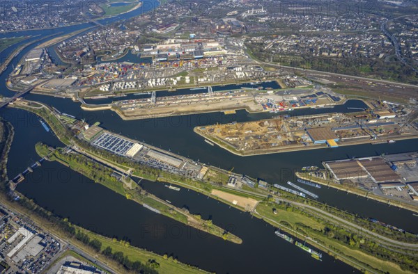 Aerial view, duisport Port of Duisburg, port area, oil island, coal island, container terminal and scrap island, raw material island, Pontwert Island, A59 motorway, Ruhrort, view of Duisburg, Ruhr area, North Rhine-Westphalia, Germany