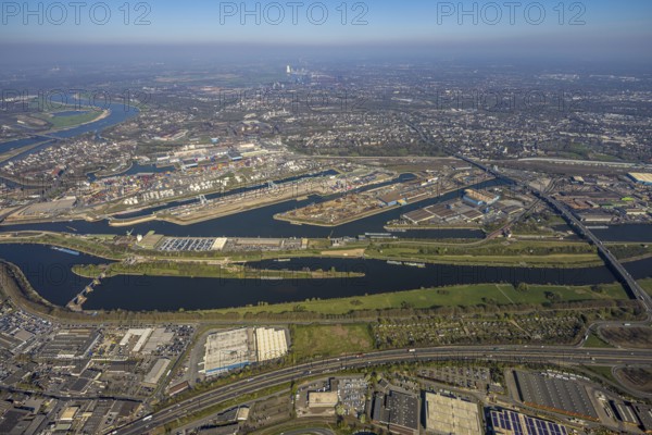 Aerial view, duisport port of Duisburg, port area, oil island, coal island, container terminal and scrap island, raw material island, Pontwert island, A59 motorway and view of Duisburg, Ruhrort, view of Duisburg, Ruhr area, North Rhine-Westphalia, Germany