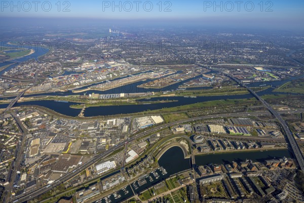 Aerial view, duisport port of Duisburg, port area, oil island, coal island, container terminal and scrap island, raw material island, Pontwert island, A59 motorway and view of Duisburg, inner harbour with timber port, Ruhrort, view of Duisburg, Ruhr area, North Rhine-Westphalia, Germany