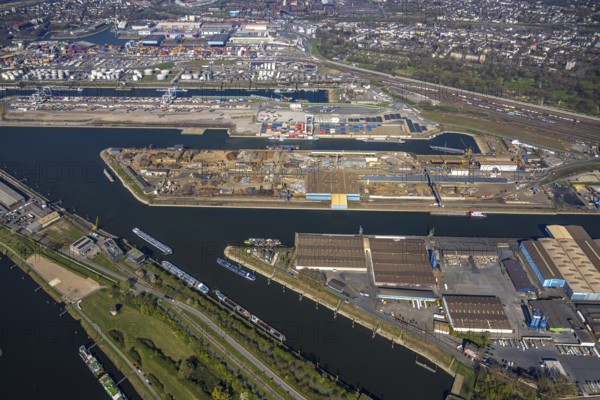 Aerial view, duisport Port of Duisburg, harbour area, oil island, coal island container terminal and scrap island raw material island, Ruhrort, Duisburg, Ruhr area, North Rhine-Westphalia, Germany