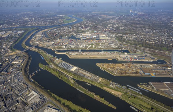 Aerial view, duisport harbour Duisburg, harbour area, oil island, coal island, container terminal and scrap island, raw material island, Pontwert island, view of Duisburg, Ruhrort, view of Duisburg, Ruhr area, North Rhine-Westphalia, Germany
