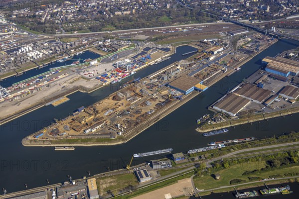 Aerial view, duisport harbour Duisburg, harbour area, coal island container terminal and scrap island raw material island, behind goods station, Ruhrort, Duisburg, Ruhr area, North Rhine-Westphalia, Germany