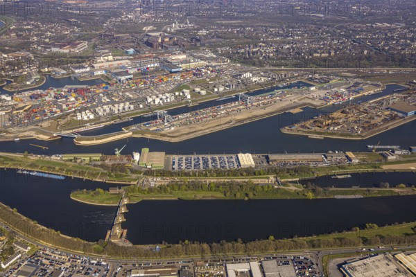 Aerial view, duisport Port of Duisburg, port area, oil island, coal island, container terminal and scrap island, raw material island, Pontwert Island, A59 motorway, Ruhrort, view of Duisburg, Ruhr area, North Rhine-Westphalia, Germany