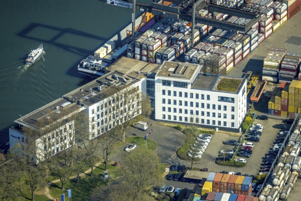 Aerial view, container harbour, duisport Duisburger Hafen AG headquarters, Ruhrort, Duisburg, Ruhr area, North Rhine-Westphalia, Germany