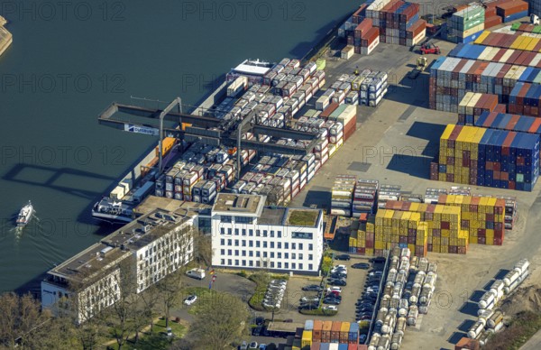 Aerial view, container harbour, duisport Duisburger Hafen AG headquarters, Ruhrort, Duisburg, Ruhr area, North Rhine-Westphalia, Germany