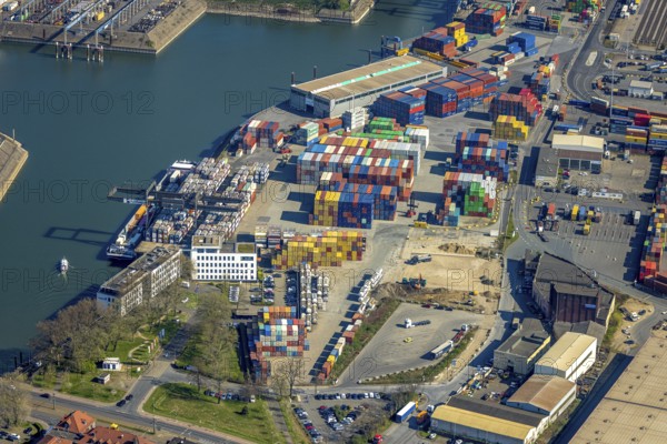 Aerial view, container harbour, duisport Duisburger Hafen AG headquarters, Ruhrort, Duisburg, Ruhr area, North Rhine-Westphalia, Germany