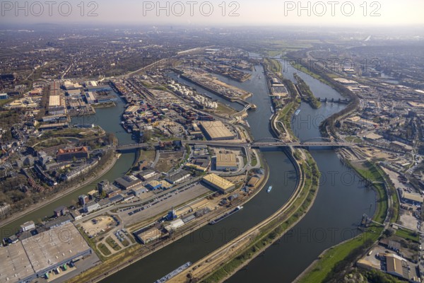 Aerial view, duisport harbour Duisburg, harbour area, steel island, oil island, coal island, container terminal and scrap island, raw material island, Pontwert island, Oberbürgermeister-Karl-Lehr-Brücke bridge, Ruhr lock and Ruhr weir, Ruhrort, view of Duisburg, Ruhr area, North Rhine-Westphalia, Germany