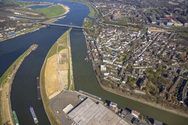 Aerial view, Mercatorinsel and Vinckekanal and harbour canal, Friedrich-Ebert-Brücke, view of Ruhrort, Duisburg, Ruhr area, North Rhine-Westphalia, Germany
