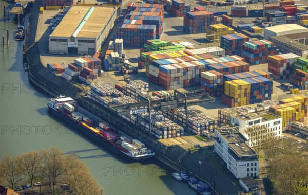 Aerial view, duisport harbour, container port and Duisburger Hafen AG headquarters, Ruhrort, Duisburg, Ruhr area, North Rhine-Westphalia, Germany