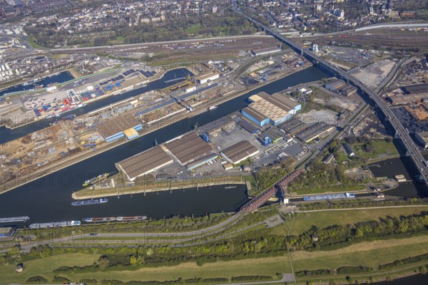 Aerial view, duisport Port of Duisburg, port area, coal island container terminal and scrap island raw material island, freight station behind, motorway A59, railway bridge, Ruhrort, Duisburg, Ruhr area, North Rhine-Westphalia, Germany