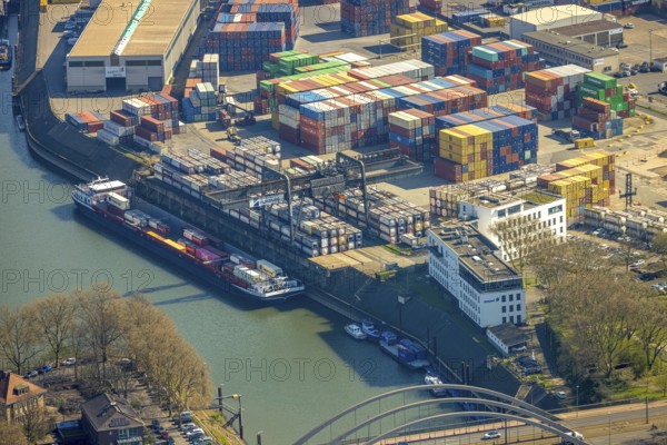 Aerial view, duisport harbour, container port and Duisburger Hafen AG headquarters, Ruhrort, Duisburg, Ruhr area, North Rhine-Westphalia, Germany