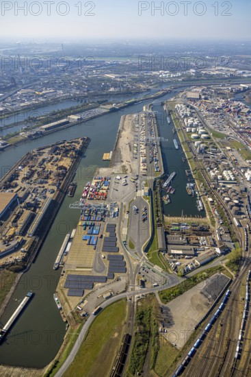Aerial view, duisport Port of Duisburg, harbour area, oil island, coal island container terminal and scrap island raw material island, Ruhrort, Duisburg, Ruhr area, North Rhine-Westphalia, Germany