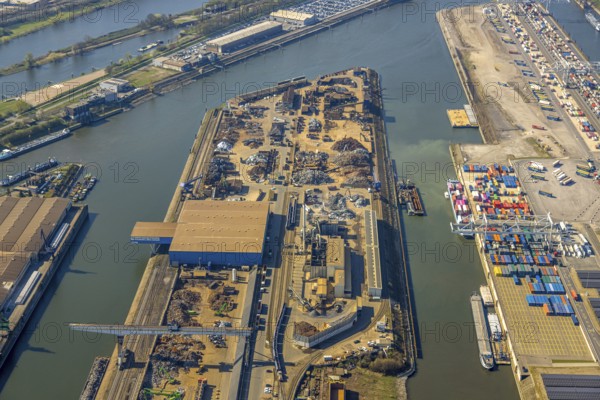 Aerial view, duisport harbour Duisburg, harbour area, scrap island raw material island, Ruhrort, Duisburg, Ruhr area, North Rhine-Westphalia, Germany
