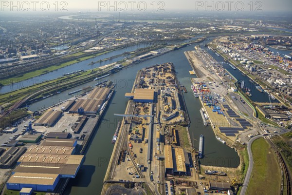 Aerial view, duisport Port of Duisburg, harbour area, oil island, coal island container terminal and scrap island raw material island, Ruhrort, Duisburg, Ruhr area, North Rhine-Westphalia, Germany