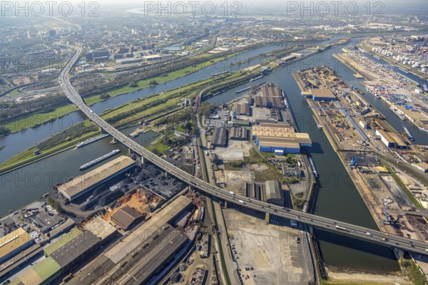 Aerial view, duisport Port of Duisburg, port area, A59 motorway and Duisburg interchange, Berlin Bridge over the Ruhr River and Rhine-Herne Canal, Ruhrort, Duisburg, Ruhr area, North Rhine-Westphalia, Germany
