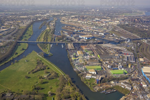Aerial view, duisport Port of Duisburg, port area, A59 motorway with Berlin Bridge over the Ruhr river and Rhine-Herne Canal, goods station, Ruhrort, Duisburg, Ruhr area, North Rhine-Westphalia, Germany