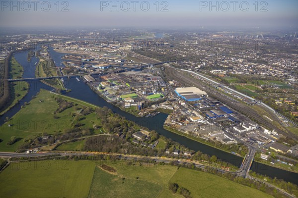 Aerial view, duisport Port of Duisburg, port area, A59 motorway with Berlin Bridge over the Ruhr river and Rhine-Herne Canal, goods station, Ruhrort, Duisburg, Ruhr area, North Rhine-Westphalia, Germany