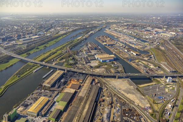 Aerial view, duisport port Duisburg, port area, motorway A59 with Berlin bridge over the river Ruhr and Rhine-Herne canal, Ruhrort, Duisburg, Ruhr area, North Rhine-Westphalia, Germany