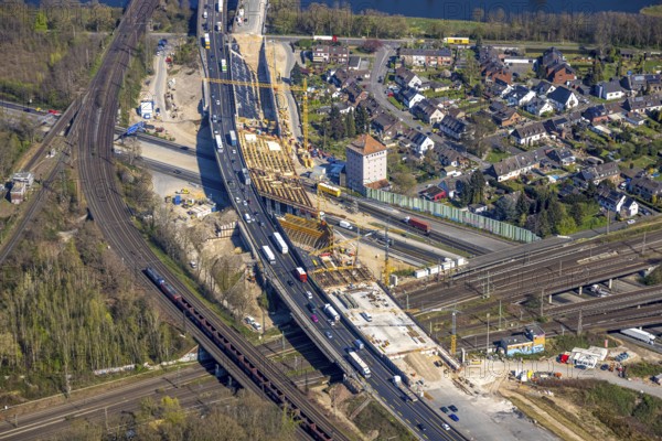 Aerial view, Kaiserberg motorway junction with A3 and A40 motorways, bridge construction and rainwater retention basin construction site, Duissern, Duisburg, Ruhr area, North Rhine-Westphalia, Germany