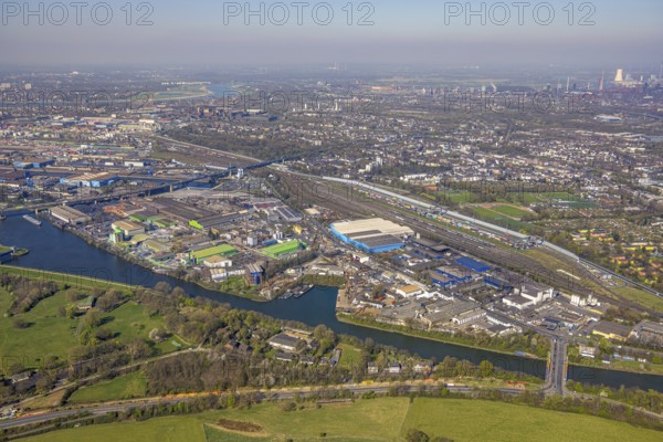 Aerial view, duisport Port of Duisburg, port area, A59 motorway, freight station, Ruhrort, Duisburg, Ruhr area, North Rhine-Westphalia, Germany
