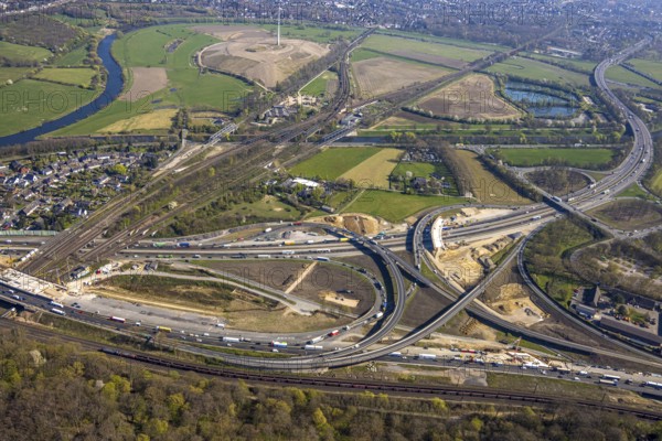 Aerial view, Kaiserberg motorway junction with A3 and A40 motorways, bridge construction and rainwater retention basin construction site, Duissern, Duisburg, Ruhr area, North Rhine-Westphalia, Germany