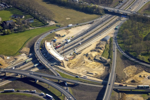 Aerial view, Kaiserberg motorway junction with A3 and A40 motorways, bridge construction and rainwater retention basin construction site, Duissern, Duisburg, Ruhr area, North Rhine-Westphalia, Germany