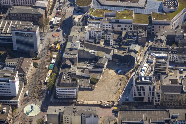 Aerial view, construction site Torhaus Süd in the business district Düsseldorfer Straße corner Königstraße, construction site of Zech Bau, pedestrian zone Königstraße, Dellviertel, Duisburg, Ruhr area, North Rhine-Westphalia, Germany