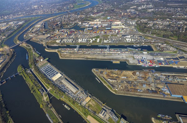 Aerial view, duisport Port of Duisburg, port area, oil island, coal island, container terminal and scrap island, raw material island, Pontwert Island, A59 motorway, Ruhrort, view of Duisburg, Ruhr area, North Rhine-Westphalia, Germany