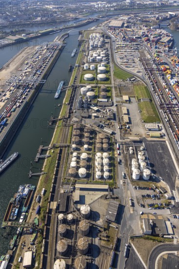 Aerial view, duisport harbour Duisburg, harbour area, oil island, Ruhrort, Duisburg, Ruhr area, North Rhine-Westphalia, Germany