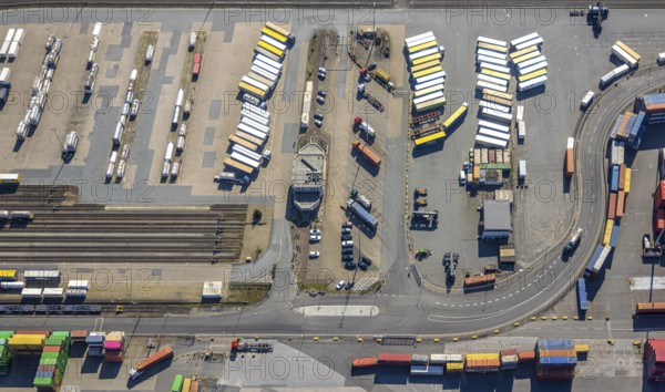 Aerial view, duisport Port of Duisburg, port area, oil island lorry parking, Ruhrort, Duisburg, Ruhr area, North Rhine-Westphalia, Germany