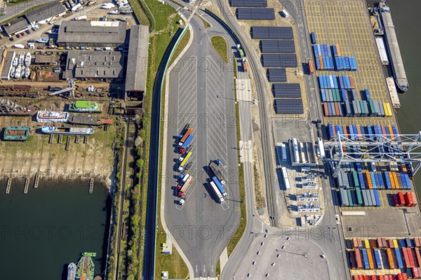 Aerial view, duisport Port of Duisburg, port area, coal island container terminal, lorry park, Ruhrort, Duisburg, Ruhr area, North Rhine-Westphalia, Germany