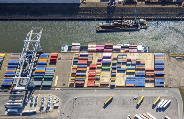 Aerial view, duisport harbour Duisburg, harbour area, coal island container terminal, container ship, Ruhrort, Duisburg, Ruhr area, North Rhine-Westphalia, Germany