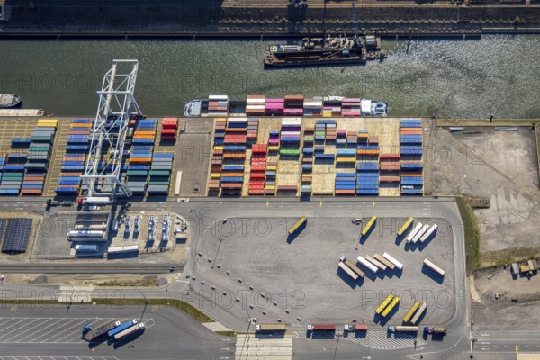 Aerial view, duisport harbour Duisburg, harbour area, coal island container terminal, container ship, Ruhrort, Duisburg, Ruhr area, North Rhine-Westphalia, Germany