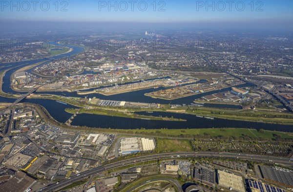 Aerial view, duisport Port of Duisburg, port area, oil island, coal island, container terminal and scrap island, raw material island, Pontwert Island, A59 motorway, Ruhrort, view of Duisburg, Ruhr area, North Rhine-Westphalia, Germany