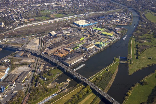 Aerial view, duisport port, Rhine-Herne Canal and A59 motorway, Krabbenkamp industrial estate, freight yard and goods trains behind, Mittelmeiderich, Duisburg, Ruhr area, North Rhine-Westphalia, Germany