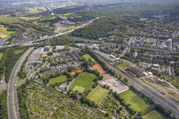 Aerial view, motorway junction Kaiserberg construction site general view, sports centre with football stadium, hockey and tennis courts Preußen Duisburg, SV Duissern 1923, Duissern, Duisburg, Ruhr area, North Rhine-Westphalia, Germany