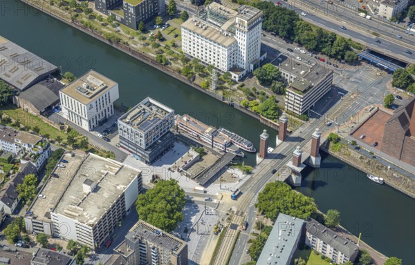 Aerial view, Swan Gate Bridge between Outer Harbour and Inner Harbour, excursion boats, Old Town, Duisburg, Ruhr Area, North Rhine-Westphalia, Germany