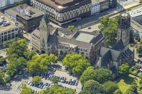 Aerial view, Duisburg city hall with town hall tower, Salvator church with church square, Old Town, Duisburg, Ruhr area, North Rhine-Westphalia, Germany