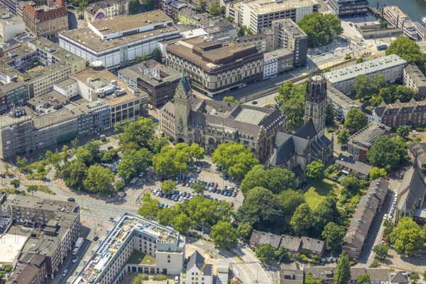 Aerial view, Duisburg city hall with town hall tower, Salvator church with church square, Old Town, Duisburg, Ruhr area, North Rhine-Westphalia, Germany