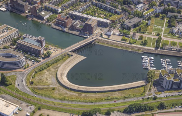 Aerial view, Eurogate staircase inner harbour and commercial buildings, Kaßlerfeld, Duisburg, Ruhr area, North Rhine-Westphalia, Germany
