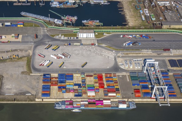 Aerial view, duisport Port of Duisburg, port area, coal island container terminal, container ship, lorry parking, Ruhrort, Duisburg, Ruhr area, North Rhine-Westphalia, Germany