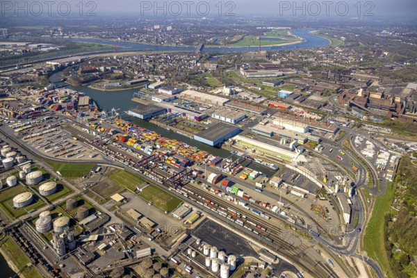 Aerial view, duisport harbour Duisburg, harbour area, steel island south harbour with view to the river Rhine, Ruhrort, Duisburg, Ruhr area, North Rhine-Westphalia, Germany