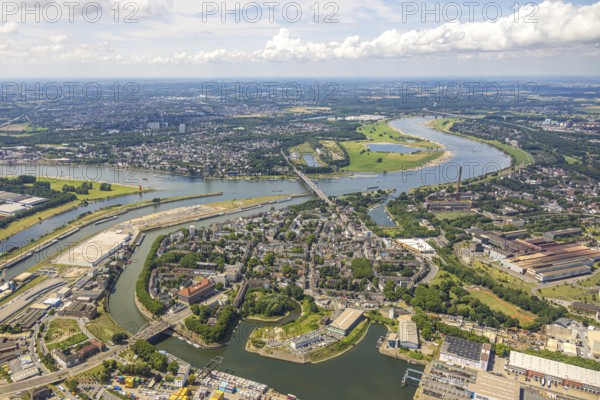 Aerial view, district Ruhrort at Duisburg harbour, river Rhine and Friedrich-Ebert-Bridge, below the Karl-Lehr-Bridge, Mercatorinsel Stangenwald construction site with new logistics hall, river Ruhr estuary, Ruhrort, Duisburg, Ruhr area, North Rhine-Westphalia, Germany