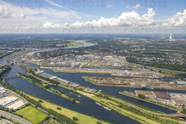 Aerial view, Duisburg harbour general view, river Rhine, Pontwert island, Ruhrort, Duisburg, Ruhr area, North Rhine-Westphalia, Germany