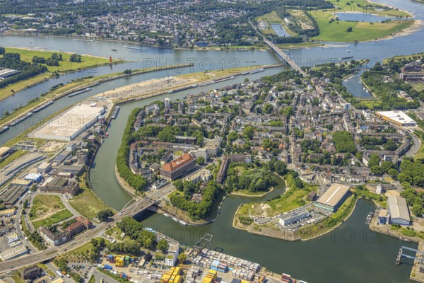Aerial view, district Ruhrort at Duisburg harbour, river Rhine and Friedrich-Ebert-Bridge, below the Karl-Lehr-Bridge, Mercatorinsel Stangenwald construction site with new logistics hall, river Ruhr estuary, Ruhrort, Duisburg, Ruhr area, North Rhine-Westphalia, Germany