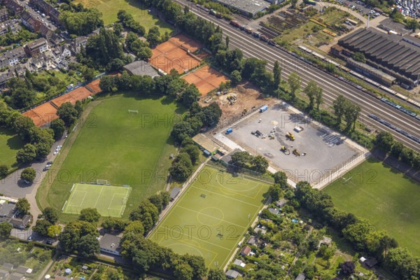 Aerial view, sports centre with football stadium, hockey pitch and tennis courts Preußen Duisburg, sports grounds SV Duissern 1923, Duissern, Duisburg, Ruhr area, North Rhine-Westphalia, Germany