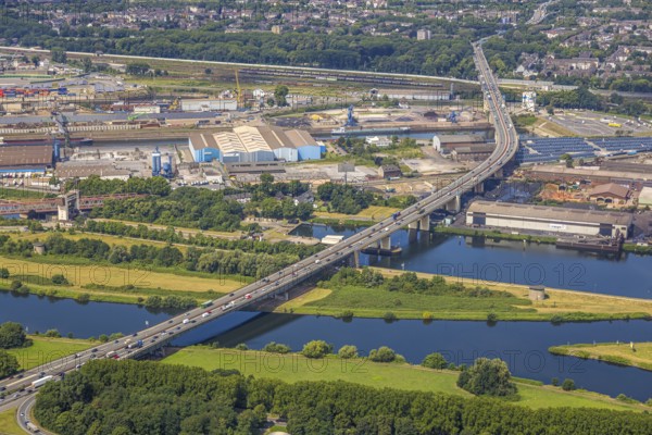 Aerial view, Berlin bridge of the A59 motorway over the Ruhr river and Rhine-Herne canal at the port of Duisburg, Duissern, Duisburg, Ruhr area, North Rhine-Westphalia, Germany