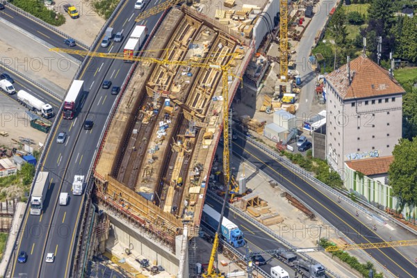 Aerial view, Kaiserberg motorway junction with major construction site, Werthacker bunker, Duissern, Duisburg, Ruhr area, North Rhine-Westphalia, Germany