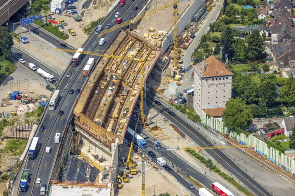 Aerial view, Kaiserberg motorway junction with major construction site, Werthacker bunker, Duissern, Duisburg, Ruhr area, North Rhine-Westphalia, Germany