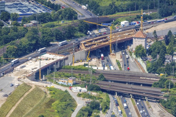 Aerial view, Kaiserberg motorway junction with major construction site, Werthacker bunker, Duissern, Duisburg, Ruhr area, North Rhine-Westphalia, Germany